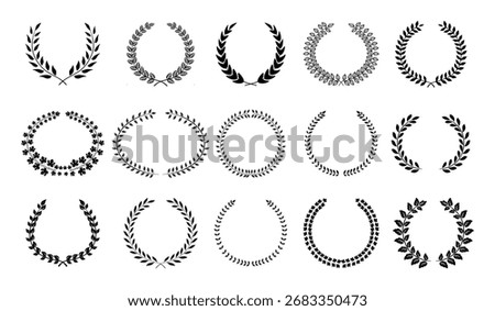 Set of 15 vector wreaths symbolizing victory, honor, and achievement. Stylized wreath designs in geometric and organic leaf patterns. Versatile vector wreaths for ceremonial, academic, or design use.
