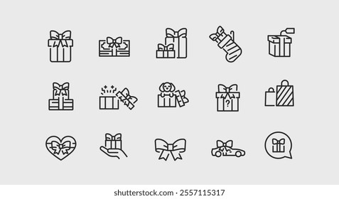 A set of 15 versatile gift-related icons, encompassing various forms of presents, such as wrapped boxes, gift cards, shopping incentives, and puppies and cars with bows. Vector illustration