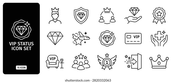 Set of 15 VIP status line icons. Collection of premium quality symbols for luxury membership, exclusive access, priority service, and elite user status.