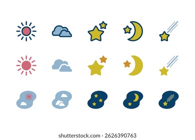 A set of 15 weather related vector icons, including the sun, clouds, stars, moon, shooting stars, etc.