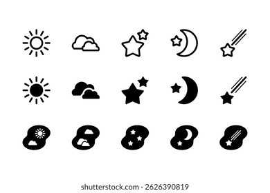 A set of 15 weather related vector icons, including the sun, clouds, stars, moon, shooting stars, etc.