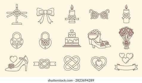 Set of 15 wedding line art icons featuring unity knots, rings, candles, heart-shaped padlocks, a tiered cake, floral bouquet, high-heeled shoes, and decorative infinity symbols.
