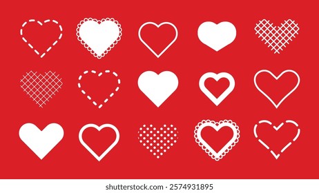 Set of 15 white heart icons on a red background. Each heart has a unique design, including dotted, lined, and scalloped patterns. Perfect for love-themed projects. Valentine's Day elements, vector set