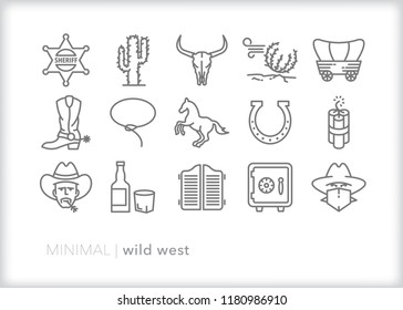 Set of 15 wild west icons of items found in the American desert from the time of cowboys and robbers, the gold rush, saloons and gunslingers