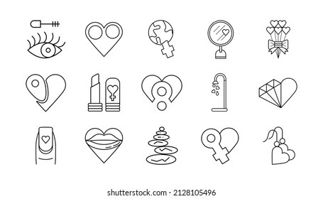 Set of 15 women related icons. Modern heart, diamond, location, world, lip, mirror, lipstick, nail, flower etc icon set. Linear women's day icon template. Simple linear vector white background.