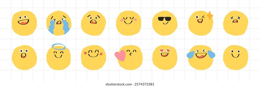 Set of 15 yellow emoji faces with various expressions: happy, sad, surprised, and cool. Emoji faces convey emotions like joy, surprise, and love. Hand drawn cute emoticon illustration set. Vectors.