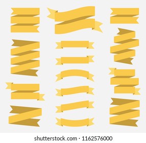 Set of 15 Yellow ribbons banners. Flat design. Yellow tapes. Vector illustration.