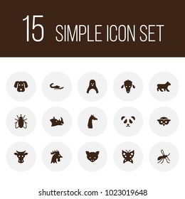 Set of 15 zoo icons set. Collection of cock, fly, panda elements.