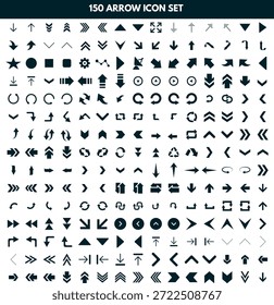 “Mega conjunto de 150 iconos de flecha en varios estilos, Vector plano”
