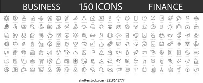 Set of 150 Business icons. Business and Finance web icons. Money, contact, bank, check, law, auction, exchange, payment, wallet, deposit, piggy, calculator. Vector business and finance editable stroke