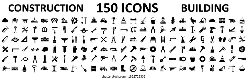 Set 150 construction icons, building, repair tools – stock vector