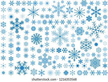 Conjunto de 150 copos de nieve aislados de diferentes formas, azul sobre blanco. 
