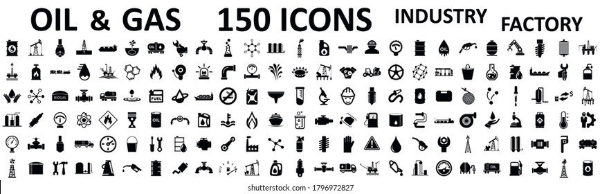 Set 150 oil and gas factory industry isolated icons – stock vector