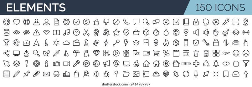 Conjunto de 150 iconos de contorno relacionados con elementos web, esenciales. Colección de iconos lineales. Trazo editable. Ilustración del vector