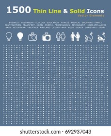 Set Of 1500 Thin Line And Solid Icons . Isolated Elements