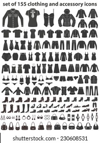 Set of 155 icons: clothing, shoes and accessories. Women's and Men's fashion. svg