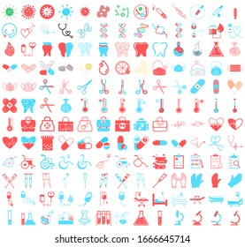 Satz von 156 Vektorsymbole, Zeichen und Symbole in flacher Design Medizin und Gesundheit mit Elementen für mobile Konzepte und Web-Apps. Die Kollektion von Blauer und Rot-Farbstil umfasst moderne Infografik-Logos und Piktogramme.