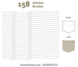 Conjunto de 158 pinceles de arte de puntadas ásperas con varias longitudes. Compatible con Adobe Illustrator CS6 y superior.