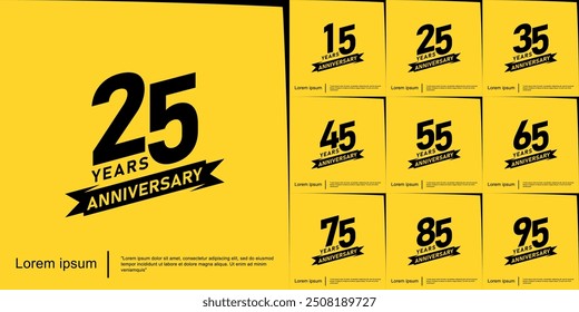 Conjunto de emblema de celebración de aniversario de 15-95 años. logo negro aislado con cinta sobre fondo amarillo. diseño de Plantilla de Ilustración vectorial para Web, volantes, póster, tarjeta de felicitación y tarjeta de invitación