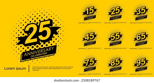 Conjunto de emblema de celebración de aniversario de 15-95 años. logo negro aislado con cinta sobre fondo amarillo. diseño de Plantilla de Ilustración vectorial para Web, volantes, póster, tarjeta de felicitación y tarjeta de invitación