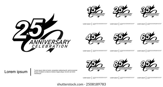 Set of 15-95 years anniversary celebration emblem. black logo isolated with ribbon on white background. vector illustration template design for web, flyers, poster, greeting card and invitation card