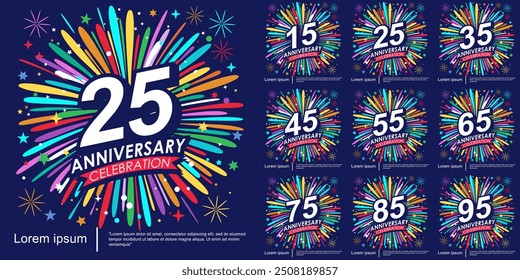 Conjunto de 15-95 anos logotipo de celebração de aniversário isolado com fita, estrelas e fogos de artifício cintilação. design de modelo de ilustração vetorial para web, folhetos, cartaz, saudação