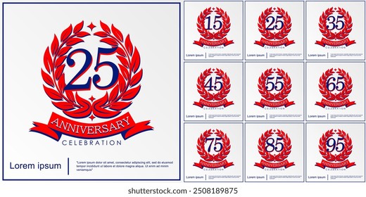 Conjunto de emblema de celebración de aniversario de 15-95 años. logotipo de aniversario aislado con cinta roja y corona de laurel. diseño de Plantilla de Ilustración vectorial para Web, volantes, póster, saludo