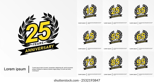 Set of 15-95 years anniversary celebration emblem. anniversary logo isolated with red ribbon and laurel wreath. vector illustration template design for web, flyers, poster, greeting