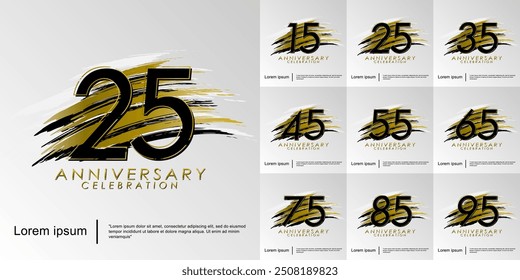 Conjunto de 15-95 años Elegante logotipo de emblema de celebración de aniversario aislado con pincel dorado - acariciado sobre fondo blanco Diseño de Plantilla de Ilustración vectorial para Web, volantes, póster, saludo