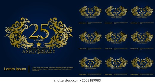 Conjunto de 15-95 años elegante logotipo de emblema de celebración de aniversario de oro con pinceladas redondeadas por remolinos ornamentados y florituras Diseño de Plantilla de Ilustración vectorial para Web, volantes, póster, saludo