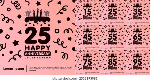 Conjunto de 15-95 anos Feliz aniversário logotipo bolo de aniversário isolado, vela com confete linha doodle em fundo rosa. modelo de ilustração vetor para web, folhetos, cartaz, saudação