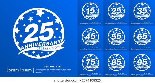 Set of 15-95th anniversary celebration emblem. white anniversary logo isolated with ribbon and stars ball on blue background. vector illustration template design for web, flyers, poster, greeting card