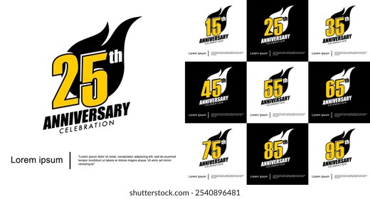 Set of 15-95th years anniversary celebration emblem. anniversary logo isolated with sparks - fireball on white background. vector illustration template design for web, flyers, poster, greeting card