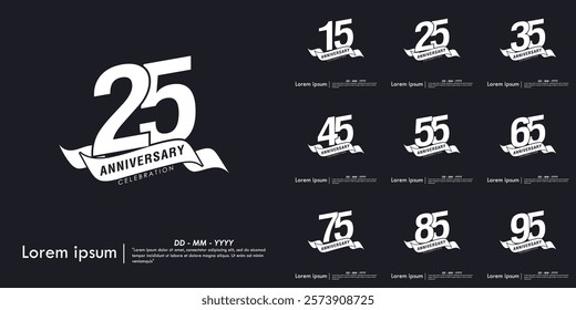 Set of 15-95th years anniversary celebration emblem. white anniversary logo isolated with ribbon on black background. monotone color. vector illustration template design