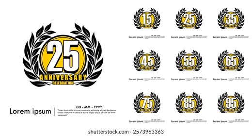 Set of 15-95th years anniversary celebration emblem. anniversary logo isolated with laurel wreath on white background. vector illustration template design for web, flyers, poster, greeting card