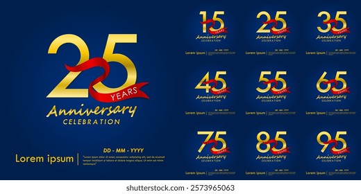 Set of 15-95th years anniversary celebration emblem. elegant golden anniversary logo isolated with red ribbon on dark blue background. vector illustration template design