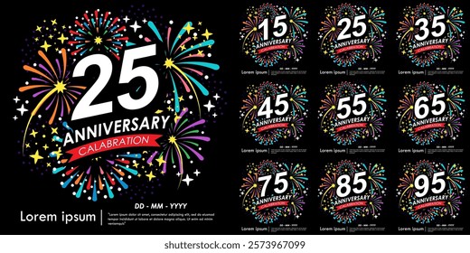 Set of 15-95th years anniversary celebration emblem. anniversary logo isolated with red ribbon, stars and fireworks sparkle twinkle. vector illustration template design for web, flyers, poster