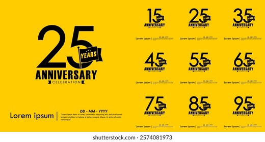 Set of 15-95th years anniversary celebration emblem. anniversary logo isolated with flag pole on yellow background. vector illustration template design for web, flyers, poster, greeting card