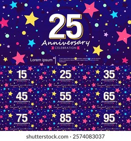 Set of 15-95th years anniversary celebration emblem. anniversary logo isolated with ribbon and stars twinkle sparkle. vector illustration template design for web, flyers, poster, greeting card