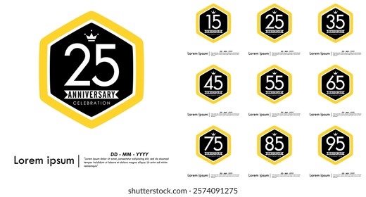 Set of 15-95th years anniversary celebration emblem. hexagon anniversary logo with ribbon. medal badge frame on white background. vector illustration template design for web, flyers, poster, greeting