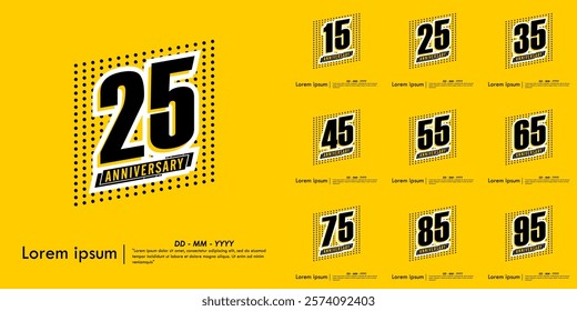 Set of 15-95th years anniversary celebration emblem. anniversary logo isolated with ribbon and polka dots pattern on yellow background. .vector illustration template design