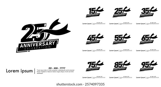 Set of 15-95th years anniversary celebration emblem. black anniversary logo isolated with ribbon on white background. vector illustration template design for web, flyers, poster, greeting card