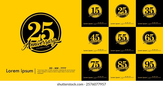 Set of 15-95th years anniversary celebration emblem. black anniversary logo isolated with handwriting and ribbon on yellow background. vector illustration template design