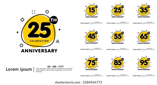 Set of 15-95th years anniversary celebration emblem. anniversary logo isolated with liquid organic shapes or irregular round blot form with doodle circle line on white background. vector illustration