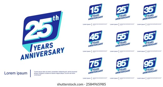 Set of 15-95th years anniversary celebration emblem. anniversary logo isolated with blue ribbon on white background. vector illustration template design for web, flyers, poster, greeting card