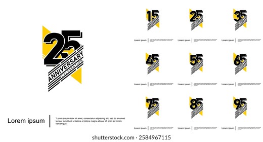 Set of 15-95th years anniversary celebration emblem. anniversary logo isolated with geometric badge on white background. vector illustration template design for web, flyers, poster, greeting card