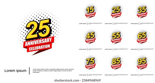 Set of 15-95th years anniversary celebration emblem. anniversary logo isolated with red ribbon on white background. vector illustration template design for web, flyers, poster, greeting card