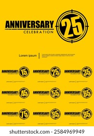 Set of 15-95th years anniversary celebration emblem. black anniversary logo isolated with target crosshairs on yellow background. vector illustration template design for web, flyers, poster, greeting