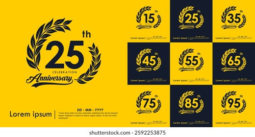 Set of 15-95th years anniversary celebration emblem. anniversary logo isolated with laurel wreath and ribbon on yellow background. vector illustration template design