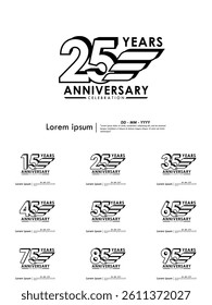 Set of 15-95th years anniversary celebration emblem. black anniversary logo isolated with ribbons on white background. vector illustration template design for web, flyers, poster, greeting card